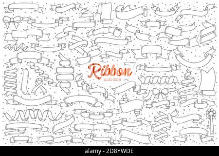Hand drawn set of ribbon banners doodles with red lettering in vector Stock Photo