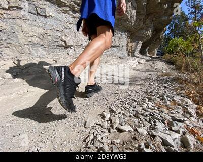 Sochi Russia October 6 2020 legs man in running shoes Salomon