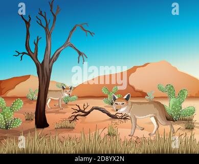 Desert with sand mountains and coyote landscape at day time scene illustration Stock Vector