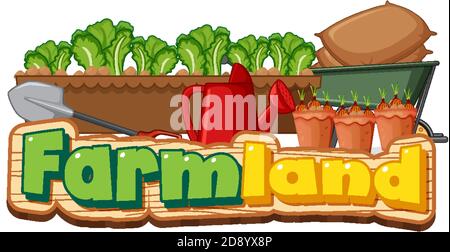 Farmland logo or banner with gardening tools isolated on white background illustration Stock Vector