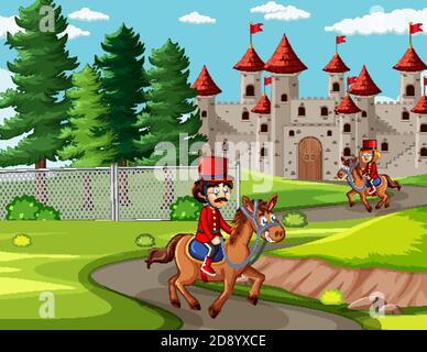 Fairytale scene with castle and soldier royal guard scene illustration Stock Vector