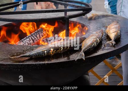 Process of grilling mackerel fish on black brazier at summer food market: close up. Seafood, barbecue, gastronomy, cookery, street food and outdoor Stock Photo