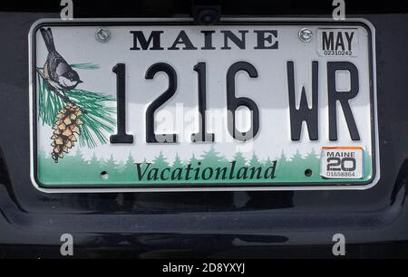 Automobile Vehicle Car Licence Registration Plate On The Rear Of A Passenger Car From The State Of Maine USA Stock Photo