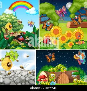 Set of different insects living in the garden background illustration Stock Vector