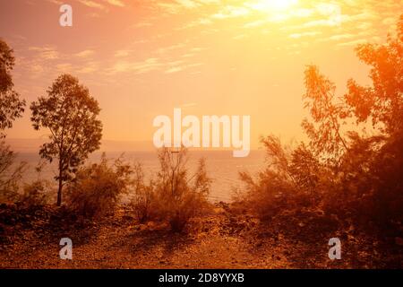 Sea landscape on Northern Israel. Panoramic view of Tiberias in Galilee. The Sea of Galilee, Lake of Gennesaret, Israel Stock Photo