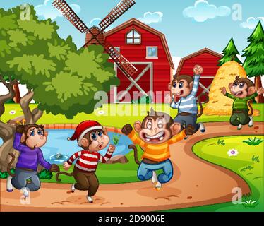 Five little monkey jumping in the farm scene illustration Stock Vector