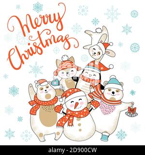 Vector Merry Christmas card with funny happy characters celebrating isolated on white background. Bear, snowman, penguin, fox. Calligraphy. For decor, Stock Vector