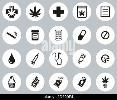 Medical Marijuana Icons Black & White Flat Design Circle Set Big Stock Vector