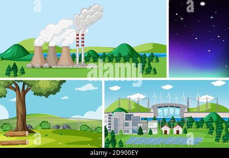Four different scenes in nature setting cartoon style illustration Stock Vector
