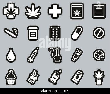 Medical Marijuana Icons White On Black Sticker Set Big Stock Vector
