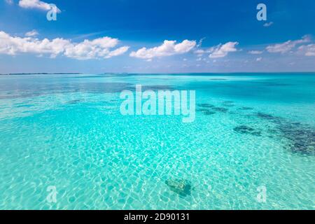 Perfect sky and sea surface summer wave background. Exotic water landscape with clouds on horizon. Natural tropical water paradise Stock Photo