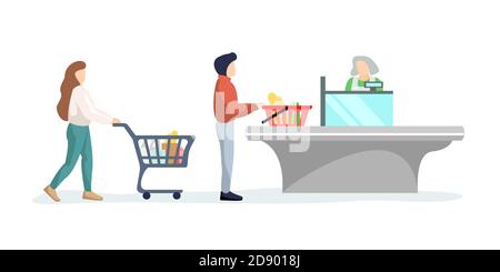 Grocery customers people stand in line at supermarket turn with goods in shopping trolley put buys on cashier desk for paying. Queue in store with purchases flat isolated vector illustration Stock Vector