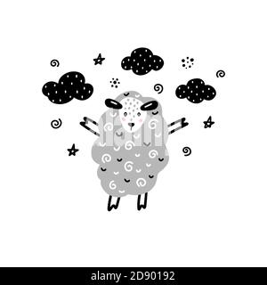 Sheep with clouds, stars and abstract elements around nursery monochrome poster in Scandinavian style hand drawn vector illustration. Stock Vector