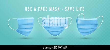 Set of medical face mask. Use respiratory masks - save life. Viruses and disease protection. Safety breath. Health care issue. Blue surgical mask temp Stock Vector