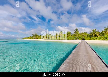 Maldives resort bridge jetty. Beautiful sunny landscape with palms and blue lagoon. Amazing summer travel destination, vacation holiday beach scenery Stock Photo