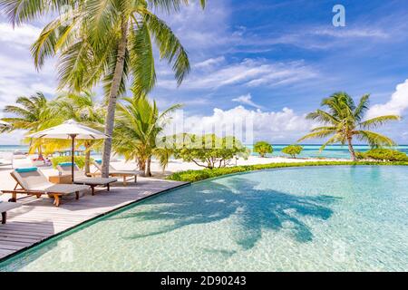 Summer tourism landscape. Luxurious beach resort with swimming pool and beach chairs or loungers under umbrellas infinity pool palm trees, blue sky Stock Photo