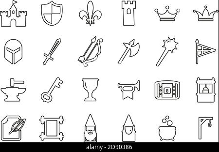 Medieval Castle Icons Black & White Thin Line Set Big Stock Vector