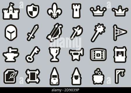 Medieval Castle Icons White On Black Sticker Set Big Stock Vector