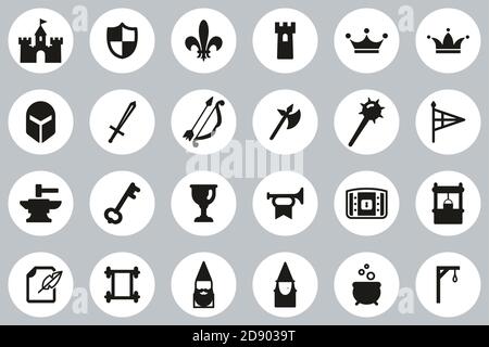 Medieval Castle Icons Black & White Flat Design Circle Set Big Stock Vector