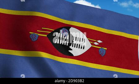 Eswatini flag waving in the wind, blue sky background. 3d rendering Stock Photo