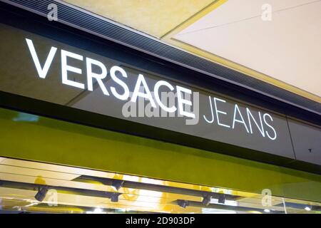 Zhuhai, China - April 17, 2015. Versace Jeans shop sign. Versace is an Italian luxury fashion company. Stock Photo