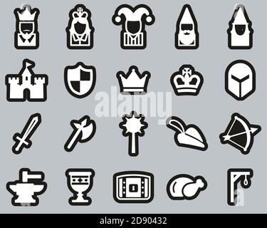 Medieval Time & Culture Icons White On Black Sticker Set Big Stock Vector