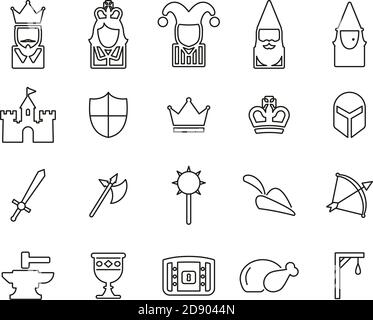 Medieval Time & Culture Icons Black & White Thin Line Set Big Stock Vector
