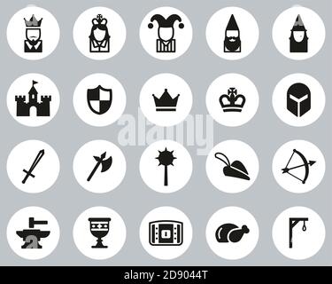 Medieval Time & Culture Icons Black & White Flat Design Circle Set Big Stock Vector
