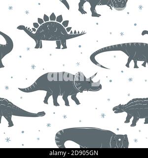 Winter seamless vector pattern with cute young dinosaurs and hand drawn doodle snowflakes Stock Vector