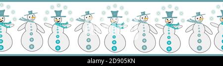 Snowmen juggling snowflakes seamless vector border. Fun banner with snowmen dressed in blue hats and scarves, smiling and laughing. Hand drawn happy Stock Vector