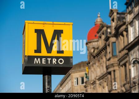 Metro sign at a Tyne and Wear Metro stop in the city of Newcastle upon Tyne in North East England. Stock Photo