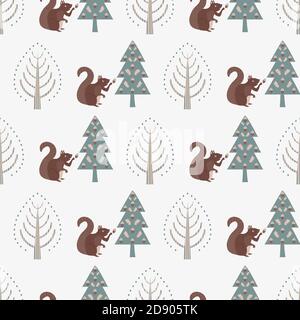 Cute squirrel in forest vector seamless pattern background. Scandi style backdrop with woodland animals collecting acorns from the trees. Geometric Stock Vector