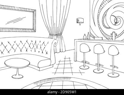 Night club cafe bar graphic black white interior sketch illustration vector Stock Vector