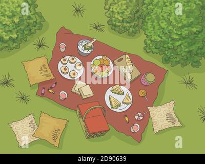 Picnic view from above top graphic color landscape sketch illustration vector Stock Vector