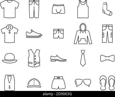Men´s Clothing & Accessories Icons Black & White Thin Line Set Big Stock Vector