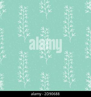 Wild meadow grass seamless vector pattern background. White line art long vertical foliage stems on light teal backdrop. Scribble style hand drawn Stock Vector
