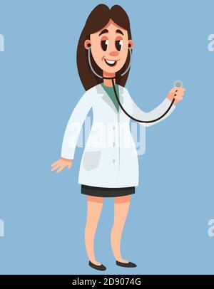Female doctor holding stethoscope. Smiling character in cartoon style. Stock Vector