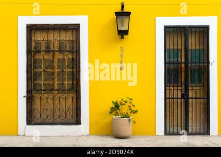 Colonial style facade of a house in Merida old city center , Merida, Yucatan, Mexico Stock Photo