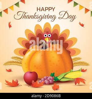 Happy thanksgiving day with turkey and pumpkin vector. Stock Vector