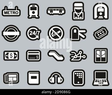 Metro Or Subway Icons White On Black Sticker Set Big Stock Vector