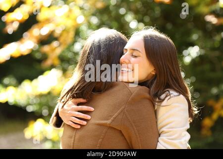 Happy friends meeting and hugging in a park in autumn season a sunny day Stock Photo