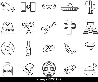 Mexico Country & Culture Icons Black & White Thin Line Set Big Stock Vector