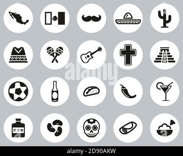 Mexico Country & Culture Icons Black & White Flat Design Circle Set Big Stock Vector