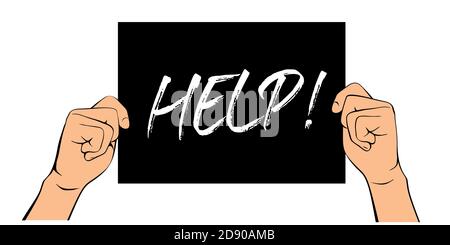 Hands with black card and text Help me. Vector Illustration and icon. Stock Vector
