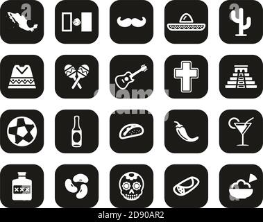 Mexico Country & Culture Icons White On Black Flat Design Set Big Stock Vector