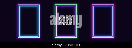 Neon rectangle Frame. Set of rectangular neon Border with double outline. Vector geometric shape with copy space, futuristic glowing element for socia Stock Vector