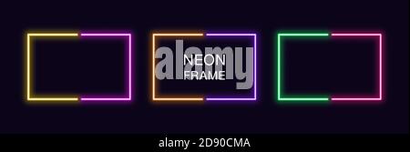 Neon rectangle Frame. Set of rectangular neon Border in 2 outline parts. Vector geometric shape with copy space, futuristic glowing element for social Stock Vector