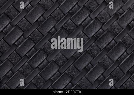 Texture of black leather background with wicker pattern, macro. Abstract backdrop from modern decorative textile with diagonal lines. Stock Photo