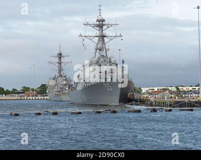 Several naval vessels anchor in the Norfolk Naval Base. Stock Photo