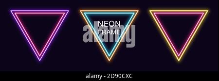 Neon triangle Frame. Set of triangular neon Border with double outline. Geometric shape with copy space, futuristic glowing element for social media s Stock Vector
